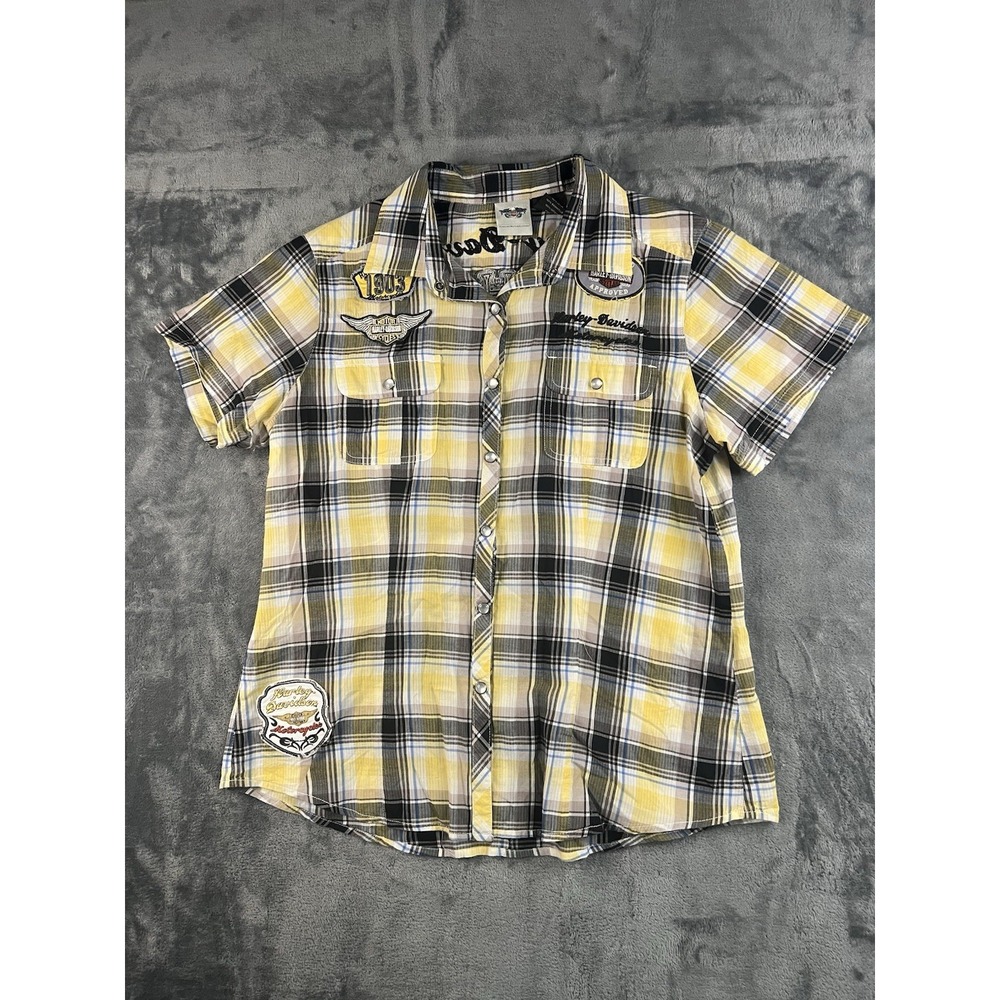 Harley Davidson Womans LG Yellow Plaid Pearl Snap Short Sleeve Shirt Patches